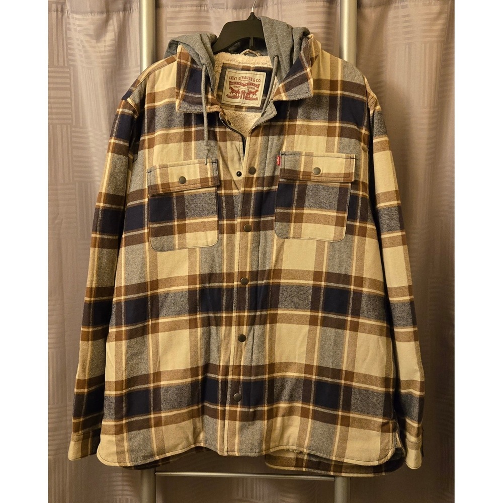 Levis Mens Hooded Flannel Sherpa Lined Plaid Shirt Jacket Tan Brown Blue Large